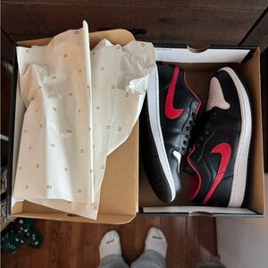 Never worn w/ original box; Air Jordan 1 Low; Men’s 9.5; Black/Fire Red-White